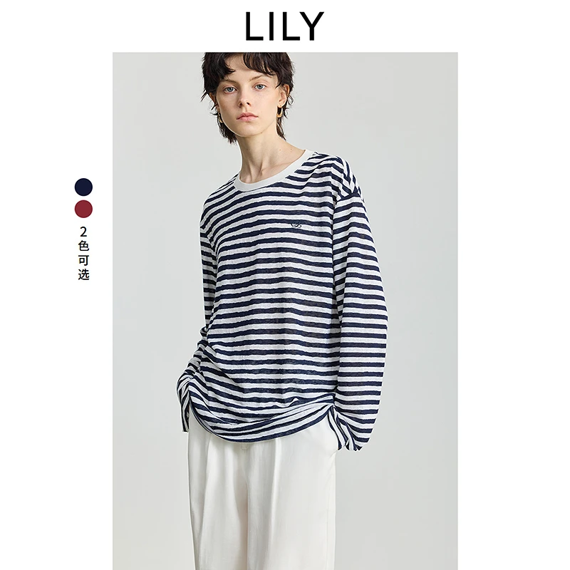 LILY2025冬新款简约撞色条纹圆领休闲通勤长袖T恤上衣125409VT905