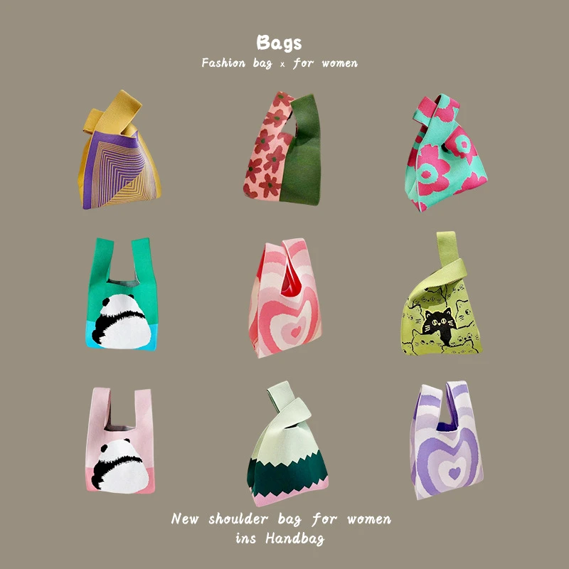 新款ins网红潮百搭手提包女针织毛线水桶包手拎休闲托特包*盒饭袋