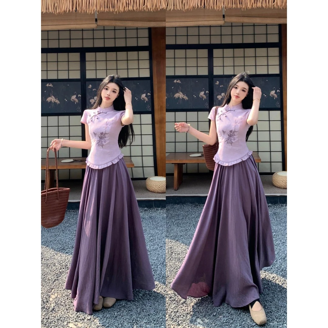 大码新中式国风刺绣镂空短袖上衣女夏季胖mm高腰显瘦遮肉半身裙女