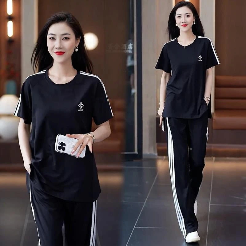 冰丝休闲运动套装女今年夏季新款时尚宽松大码短袖阔腿裤两件套潮