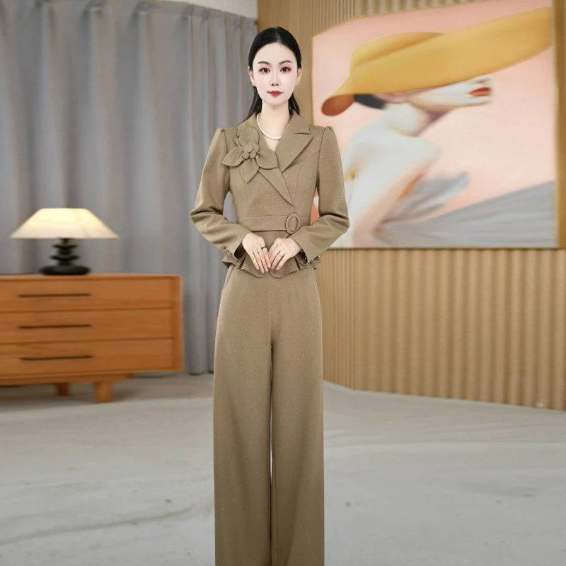 艾丝琪西装领休闲套装女秋季2025新款显瘦干练高端阔腿裤两件套潮