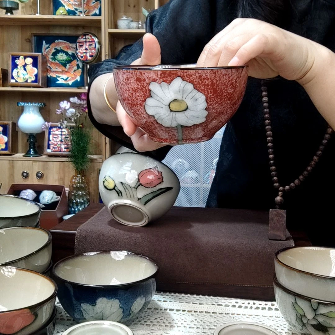 茶盏小可陶瓷高温釉下彩一组四只米饭碗