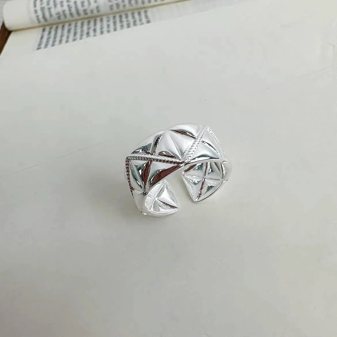 925银戒指 泡菜s925纯银复古个性菱格宽版戒指ins简约轻奢高级感