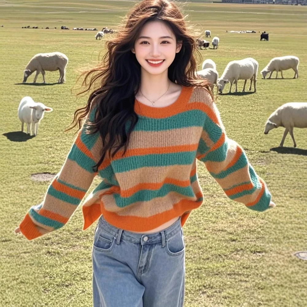 韩版撞色条纹慵懒风毛衣女2024秋冬新款设计感气质显瘦针织衫上衣