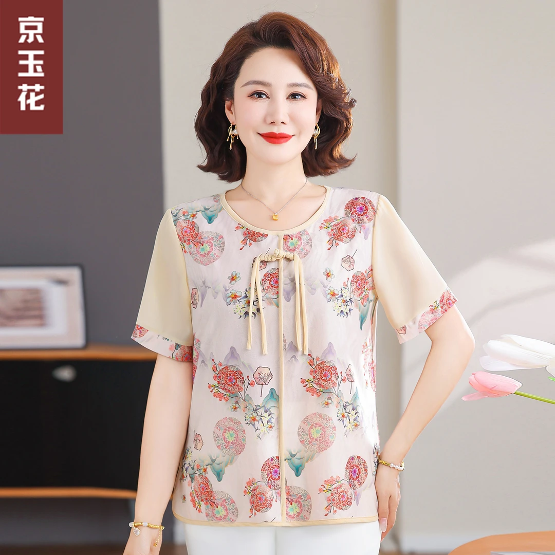2025夏季新款妈妈装中老年女装上衣洋气百搭新中式时尚短袖小衫