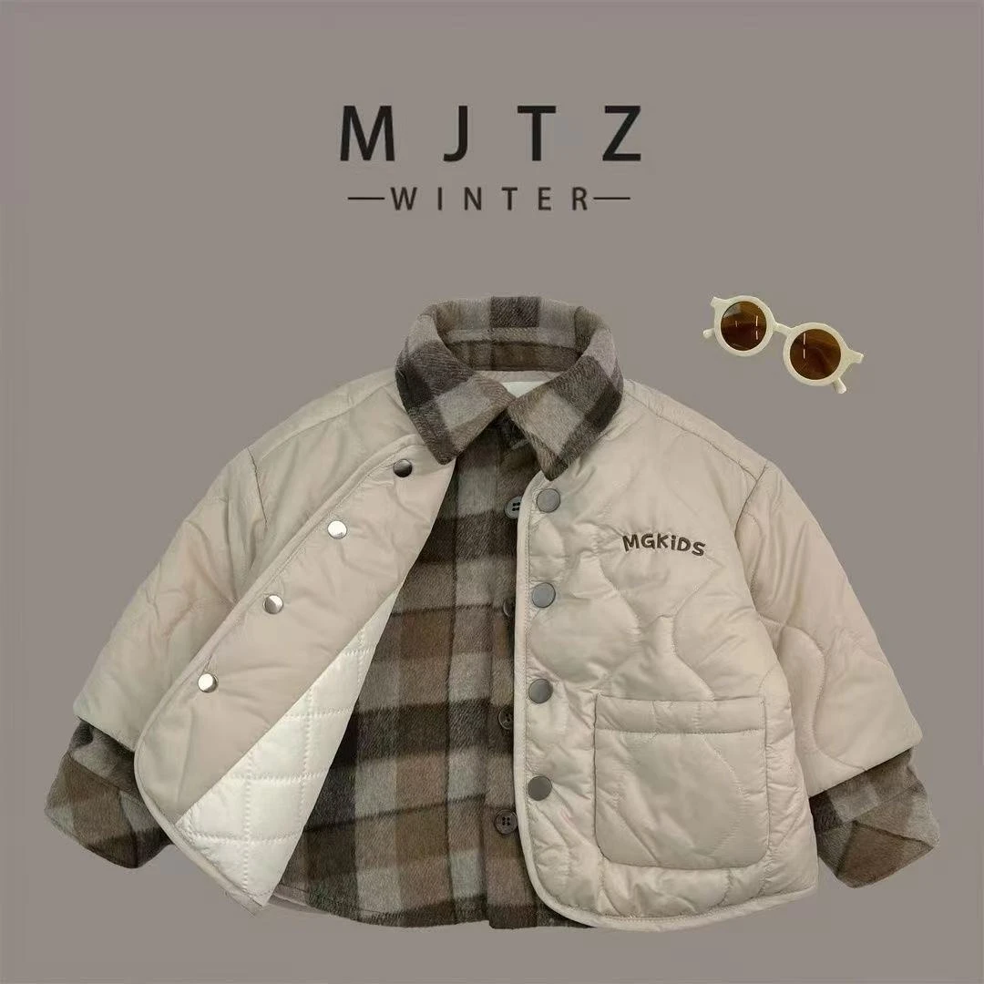 男童夹棉外套秋冬款2025新款儿童时尚假两件棉衣宝宝加棉加厚棉服