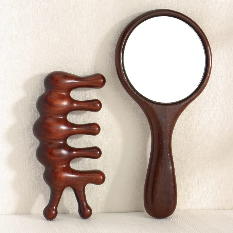 檀木五齿美鼻梳子加厚宽齿按摩梳眼经络梳实木手柄化妆镜美人镜