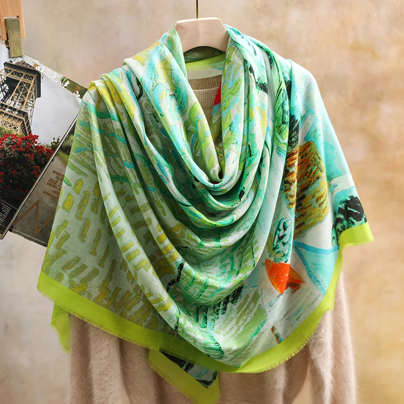 奢凌羊【奥维的葡萄园】135*135山羊绒春季印花女士丝巾围巾百搭