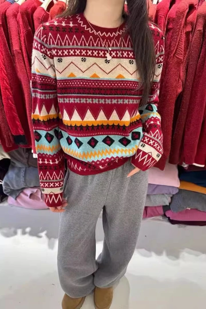 【超细绵羊毛】欧洲站秋冬季新款圆领复古提花民族风毛衣女品质上衣