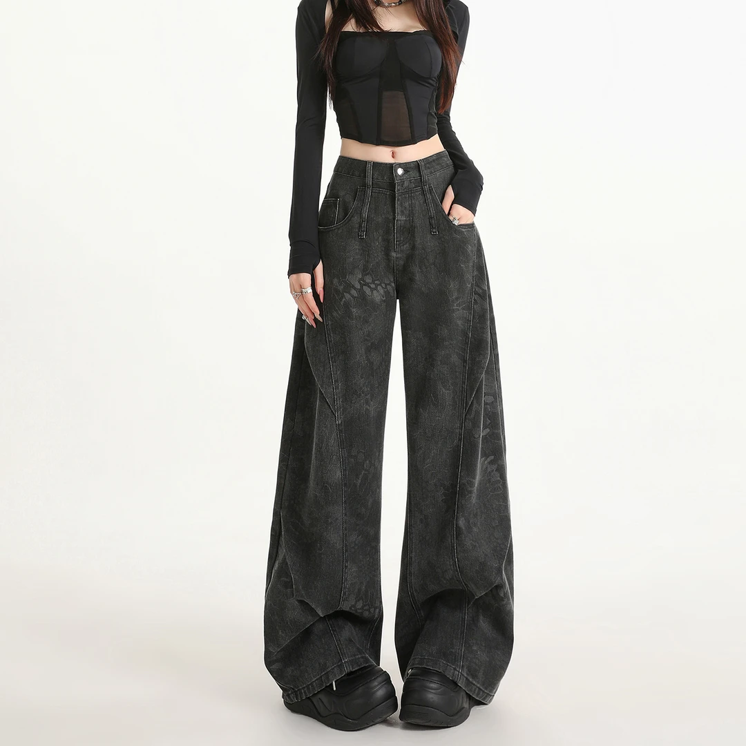 黑灰色加绒阔腿牛仔裤女秋冬2025新款高腰宽松显瘦垂感加厚直筒裤