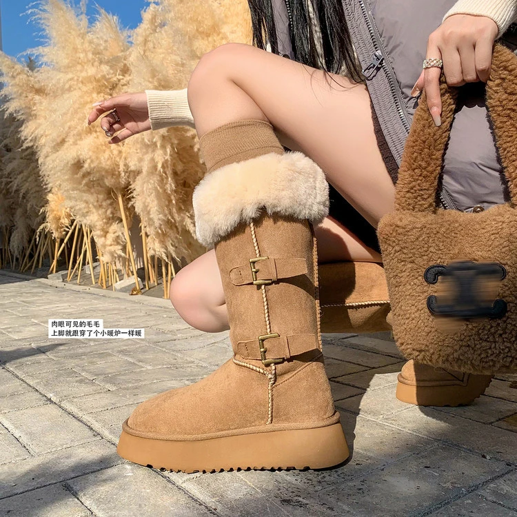 【XIAOXIA】冬季简约松糕底皮带扣纯色雪地靴雪地靴高筒