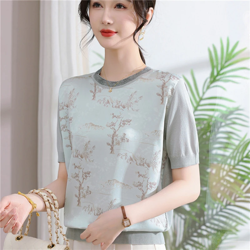 妈妈夏装减龄冰丝短袖缎面上衣中年女洋气薄款针织衫中老年人T恤