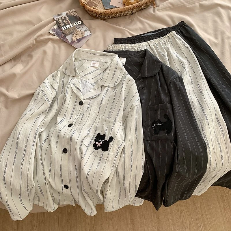 爆款线条小猫情侣款睡衣云朵棉秋季少女长袖长裤高级感家居服套装