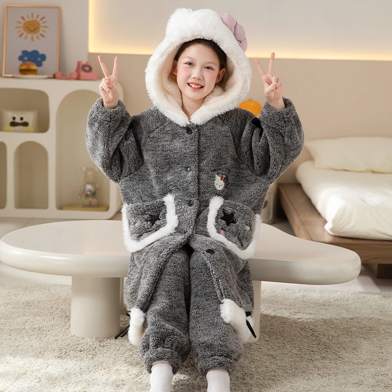 睡衣女童冬季2025年新款珊瑚绒睡袍中长款法兰绒中大童家居服套装
