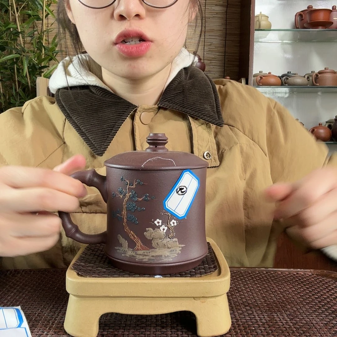 紫砂茶杯深井紫泥岁寒三友竹节杯微瑕不退货5555没礼盒