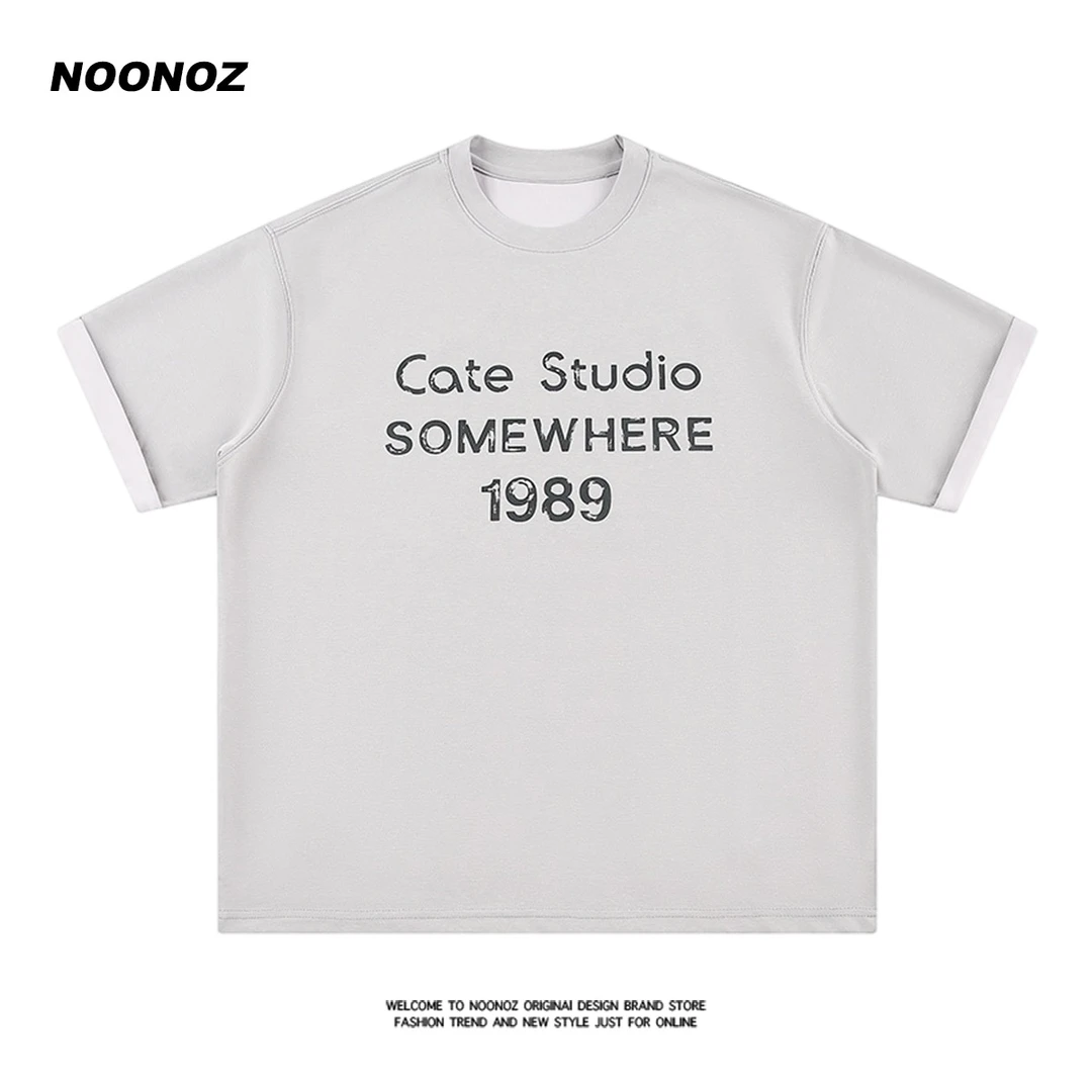 NOONOZ美式复古做旧字母印花短袖T恤男女oversize宽松街头感上衣