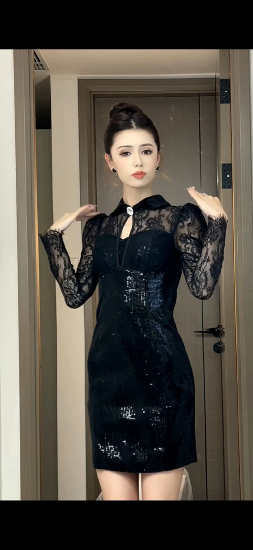 生日派对小黑裙2025春装名媛蕾丝包臀连衣裙女亮片礼服裙