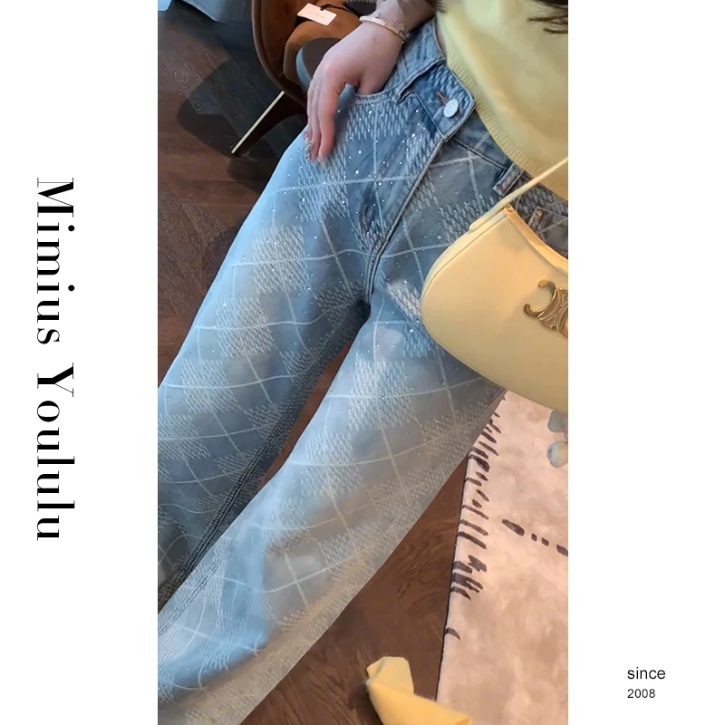 【mimius】U 菱格烫钻高腰直筒阔腿牛仔裤 WG02039