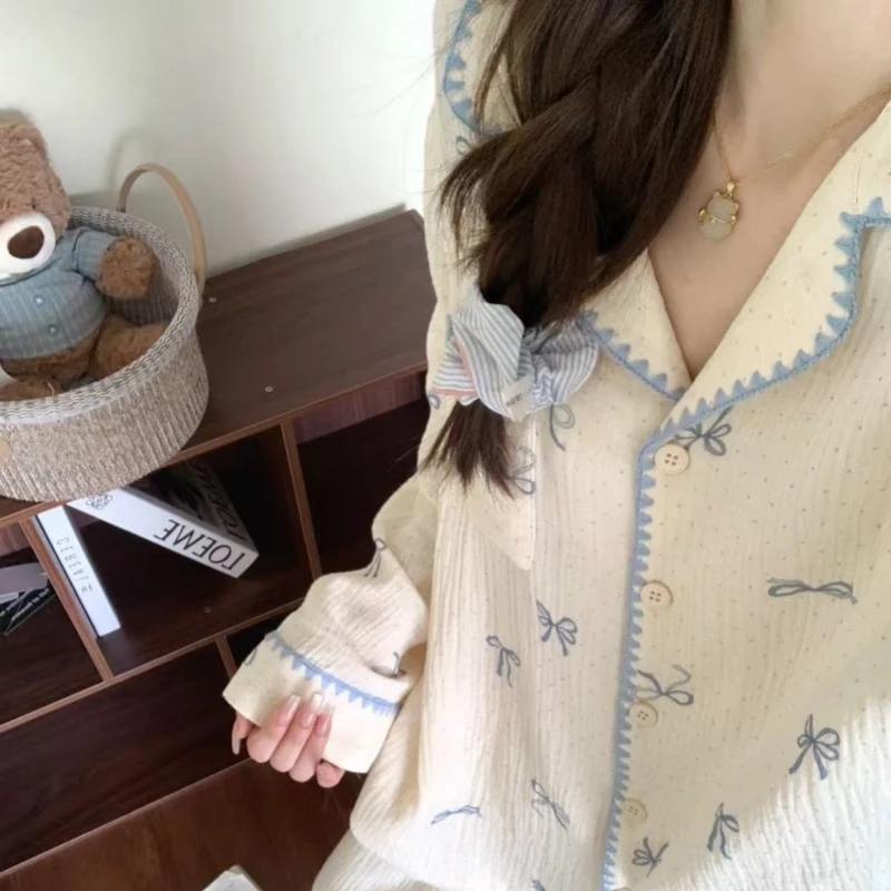 韩版甜美长袖睡衣女两件套云朵绵少女家居服宽松大码可外穿