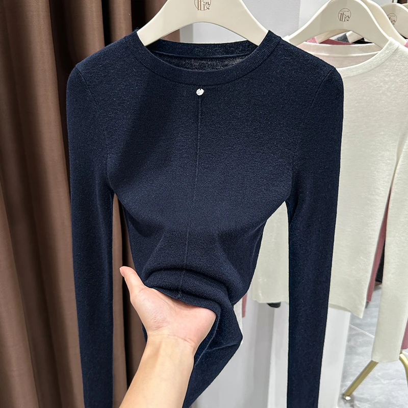 藏青色修身长袖针织衫女秋冬新款洋气休闲圆领套头打底衫上衣薄款