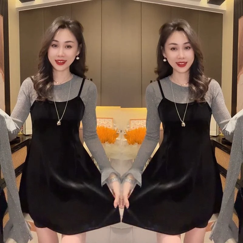 2025秋季新款时尚减龄宽松显瘦中长款连衣裙气质洋气丝绒吊带裙潮