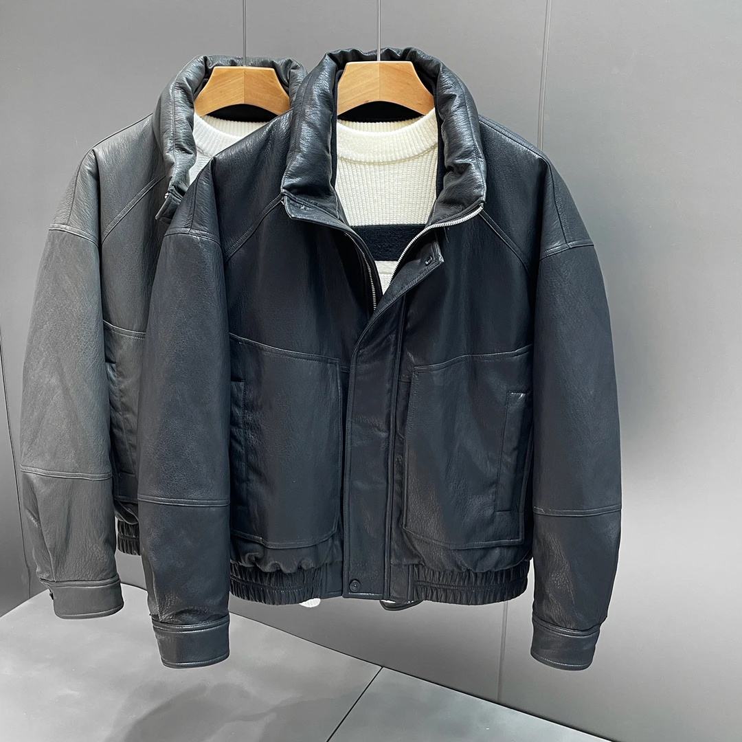 高级感重磅90白鸭绒工装PU皮衣羽绒服男士冬季加厚保暖外套皮夹克