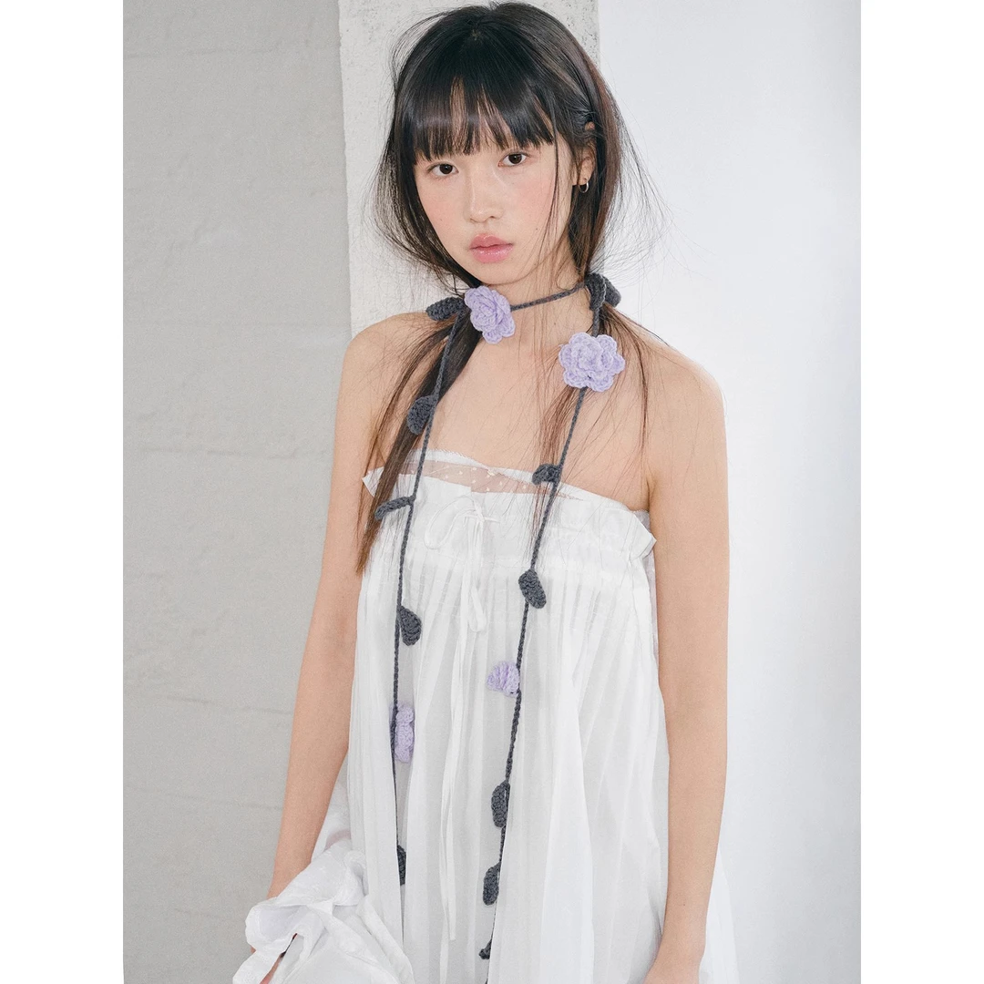 【运补6-8米】2025原创设计双色浅紫玫瑰花手工针织钩花项链女腰带