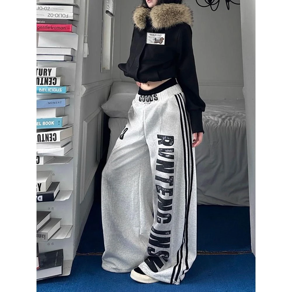 好质量字母印花条纹卫裤女秋季宽松休闲运动阔腿长裤