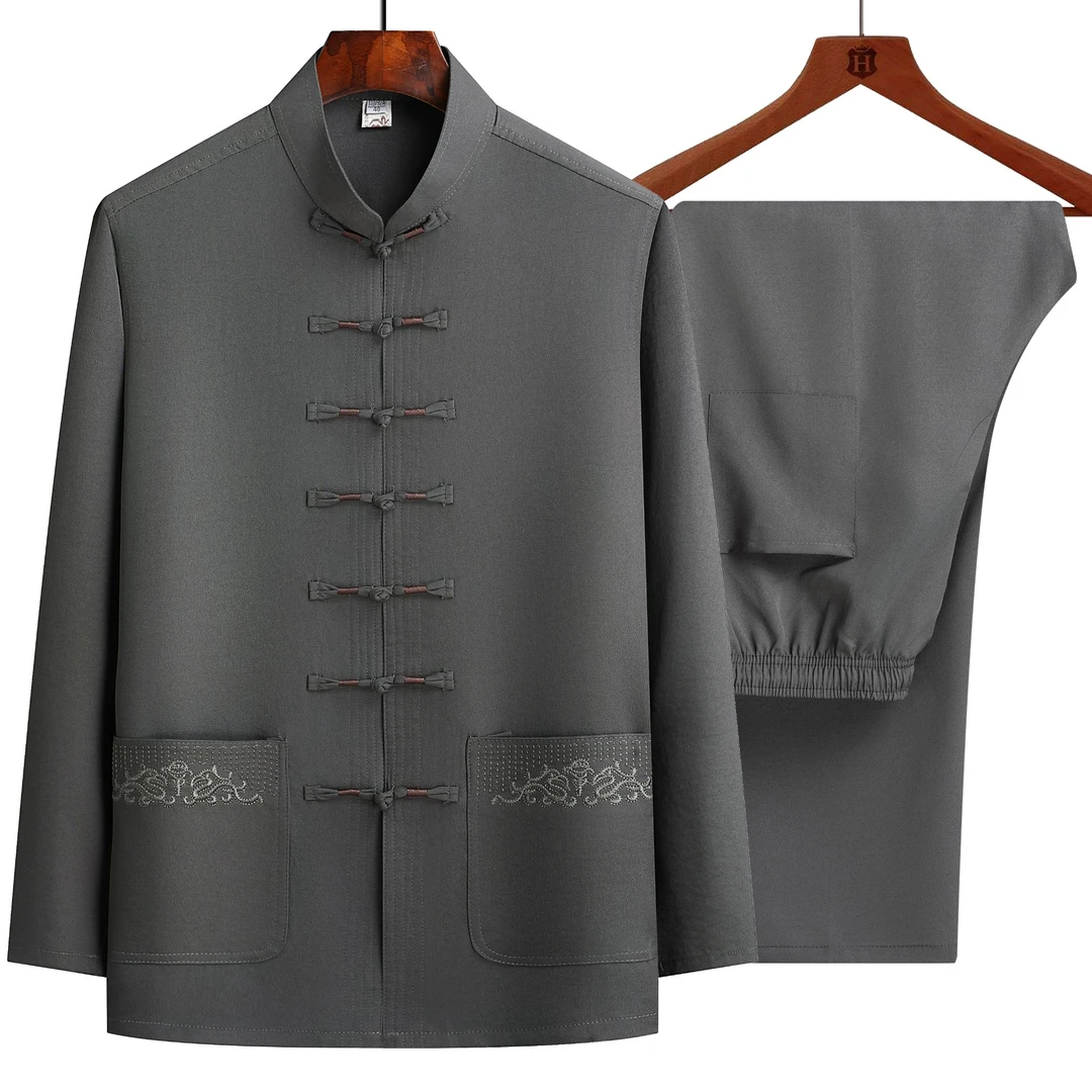 中老年套装新款长袖唐装夏天冰丝面料汉服中国风爷爷装长袖晨练服