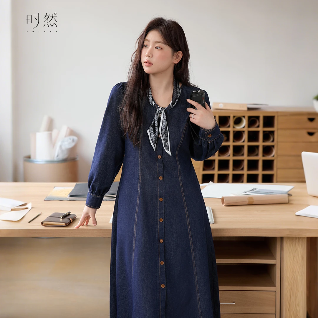 时然【丝络翩跹】微胖大码女装气质v领收腰修身显瘦复古牛仔连衣裙