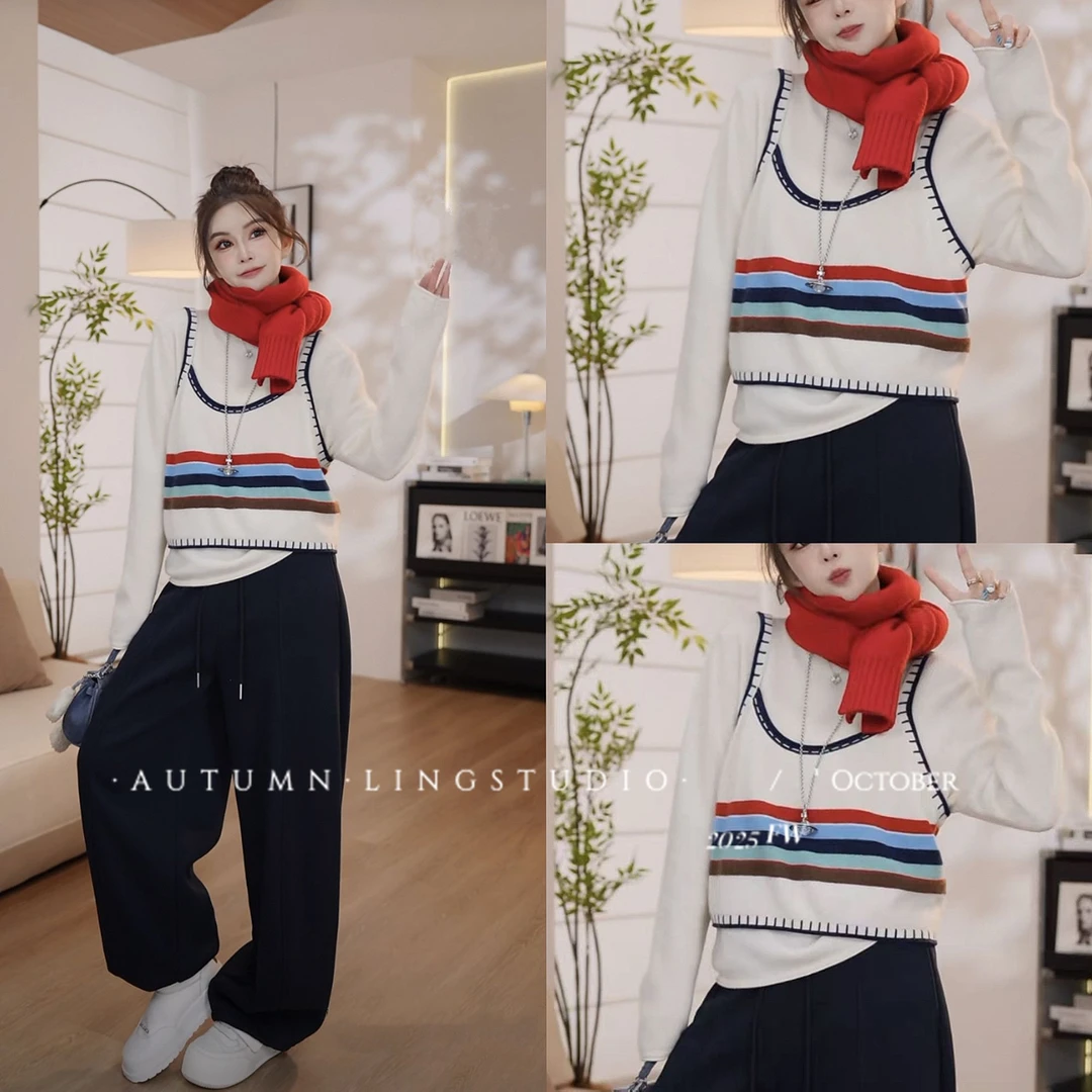 LING/STUDIO『月光慕斯』绵羊毛百搭减龄毛衣背心真俩件套装5101407