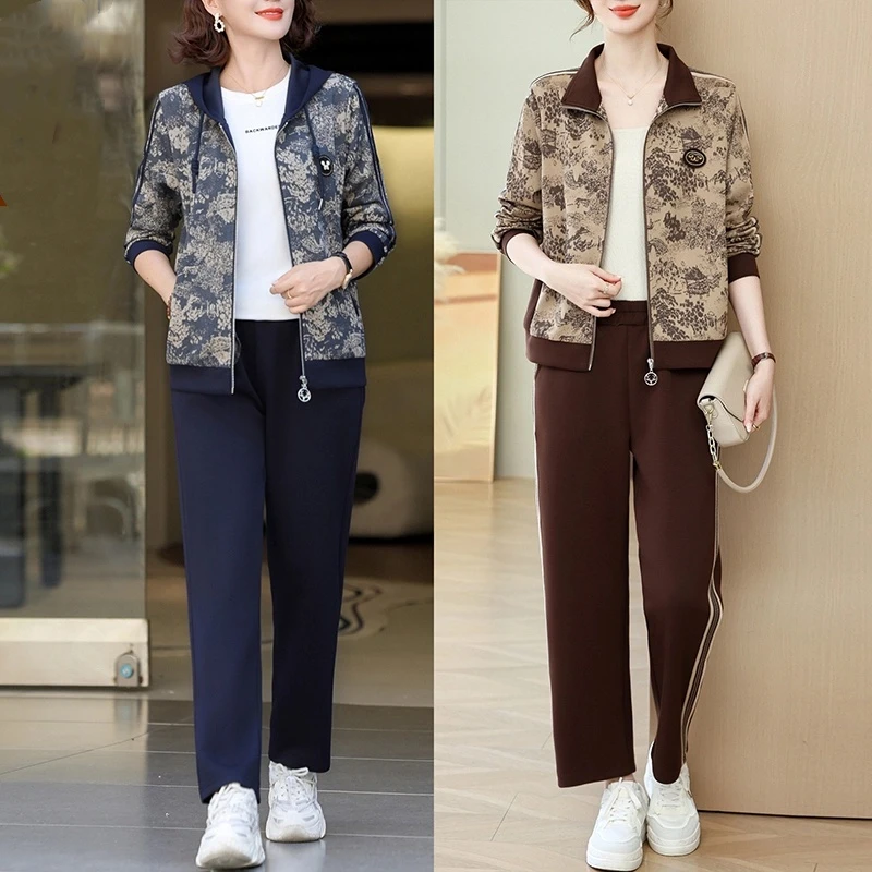 复古休闲运动套装春秋连帽中老年女装秋装外套印花上衣翻领两件套