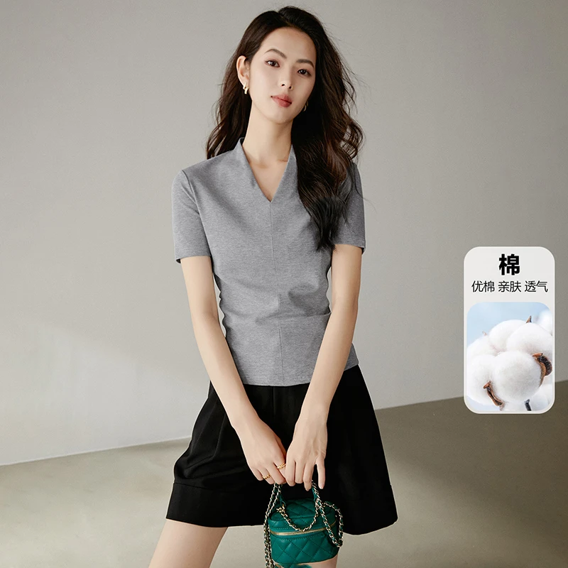 【断码清仓】2025棉质短袖V领弹力T恤衫女25021821