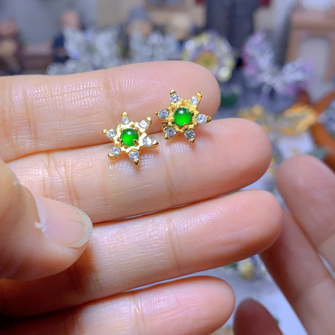 翡翠耳钉银S925镶嵌天然翡翠