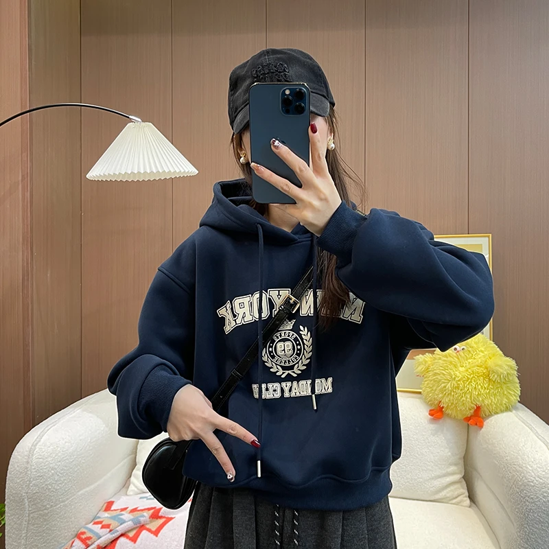 字母连帽印花套头卫衣宽松休闲加绒加厚春秋ins时尚冬季新款上衣
