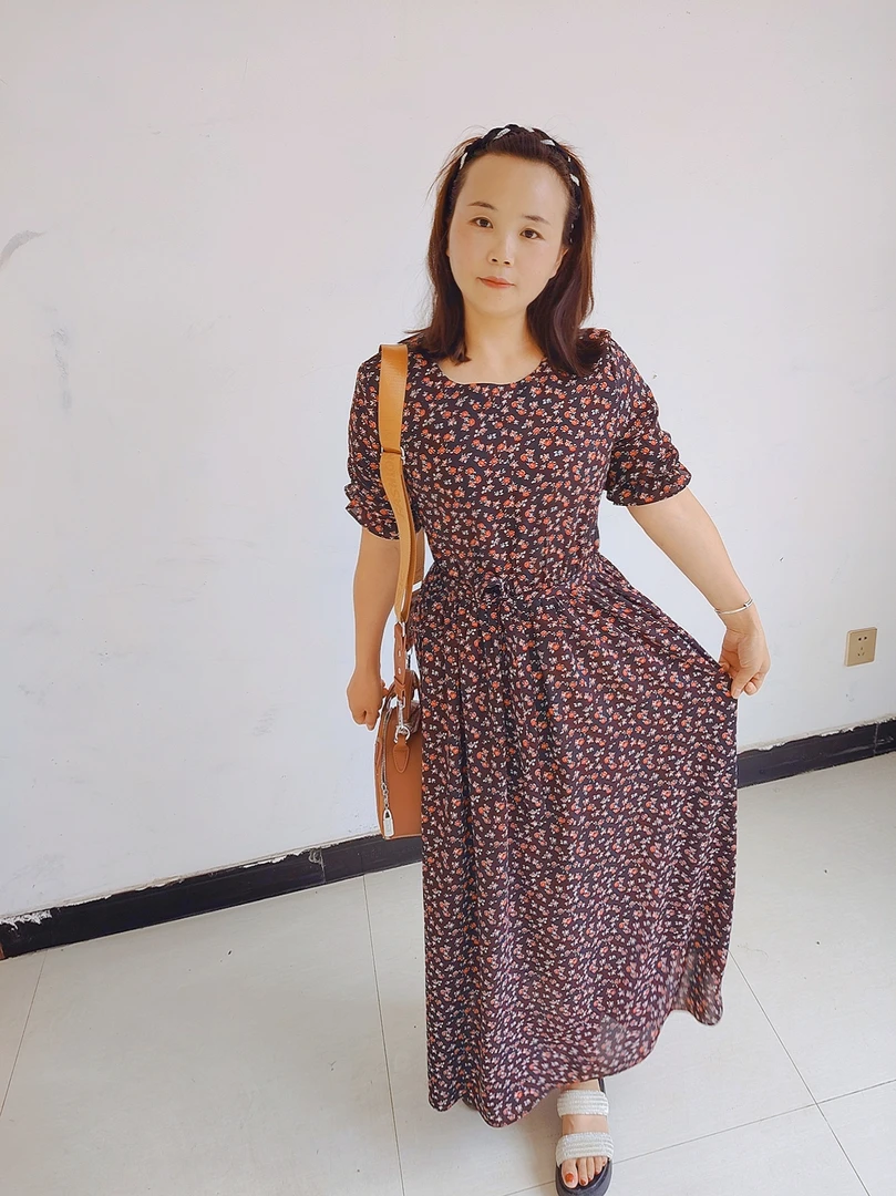常规不褪色连衣裙圆领植物花卉优雅气质旗袍长款夏季中腰长裙