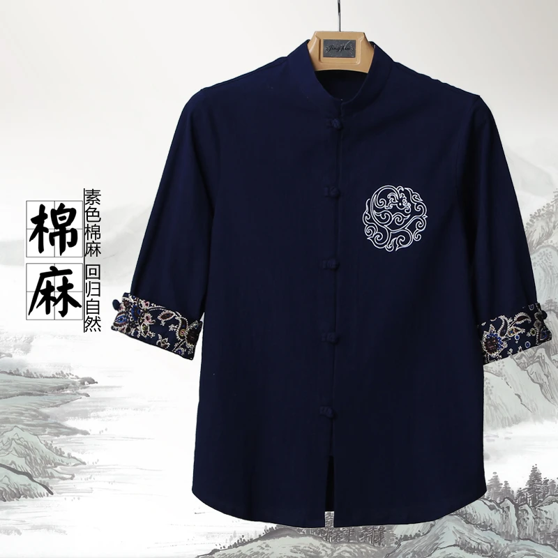 米尼也唐装棉麻七分袖中老年春夏盘扣唐装