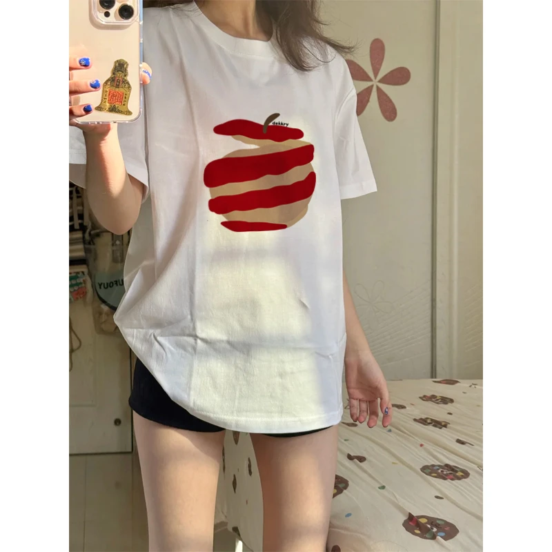 labzaa美式创意削皮苹果字母印花短袖T恤夏季男女休闲宽松上衣潮