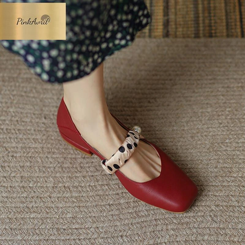 PinkAvril2024新款小红鞋法式浅口平底玛丽珍鞋女踩跟软皮低跟奶