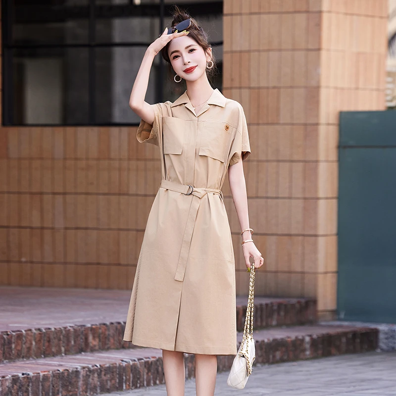 短袖连衣裙女2025夏季新款洋气时尚小个子大码收腰显瘦衬衫长裙子