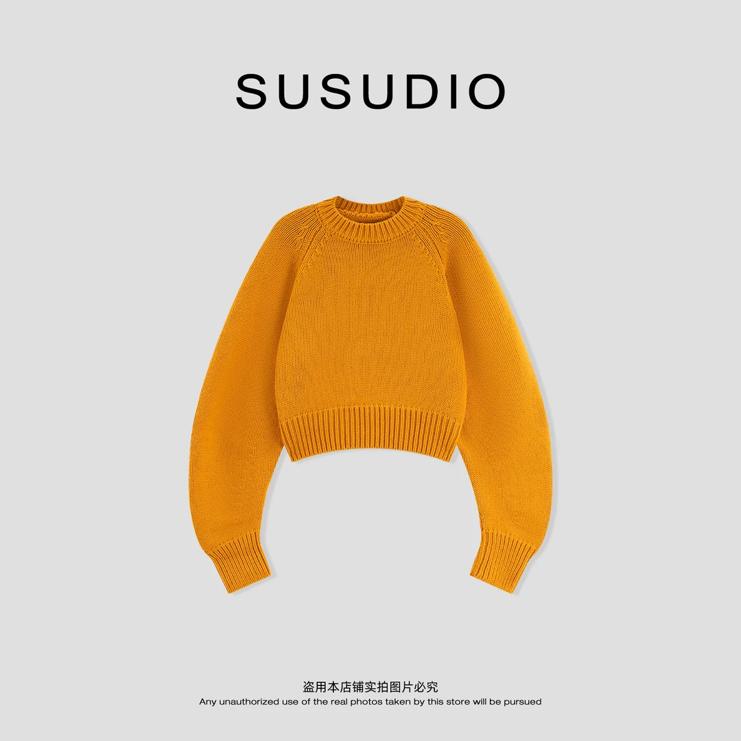 SUSUDIO 绵羊毛 老钱风插肩袖毛织圆领短款毛衣 50211