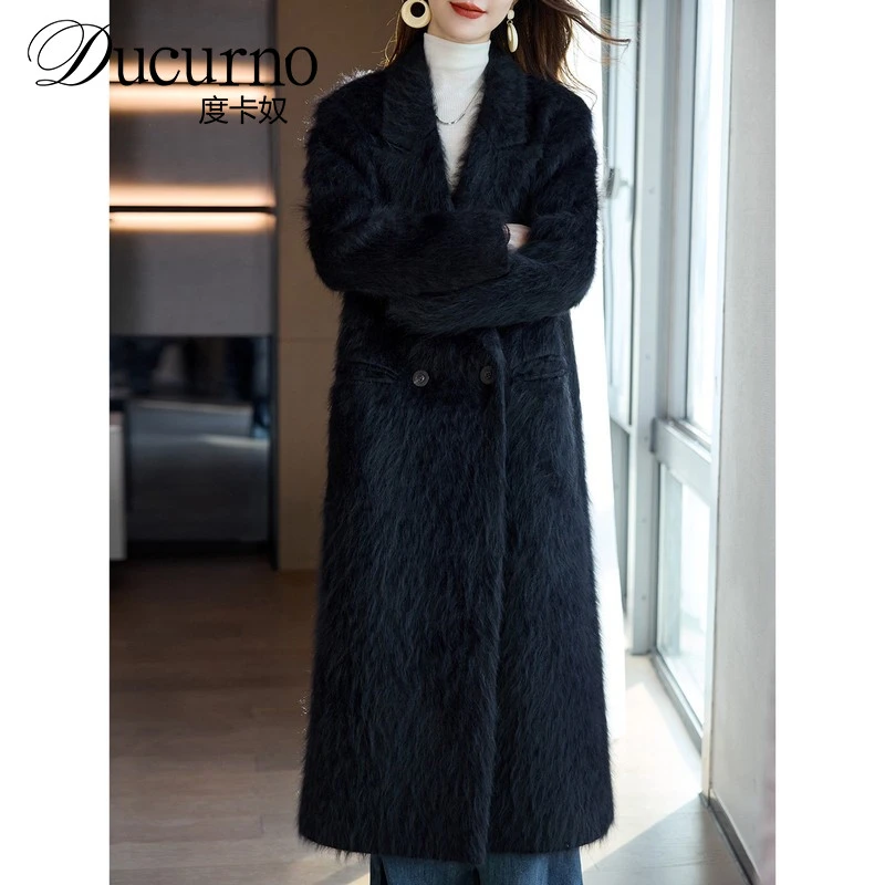 高端长毛兔绒单面呢外套女2025秋冬新款时尚中长过膝保暖大衣显瘦