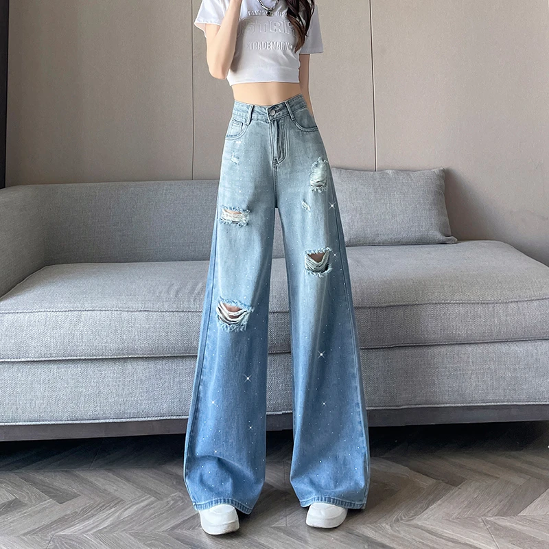 渐变蓝破洞牛仔裤女2025年夏季爆款闪钻烫钻重工辣妹美式阔腿裤子