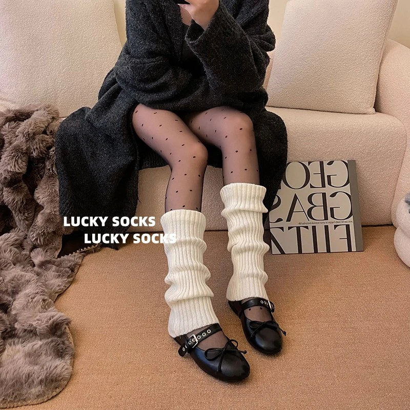 日系原宿风针织袜套白色袜子女春秋小腿袜腿套秋冬保暖加厚堆堆袜