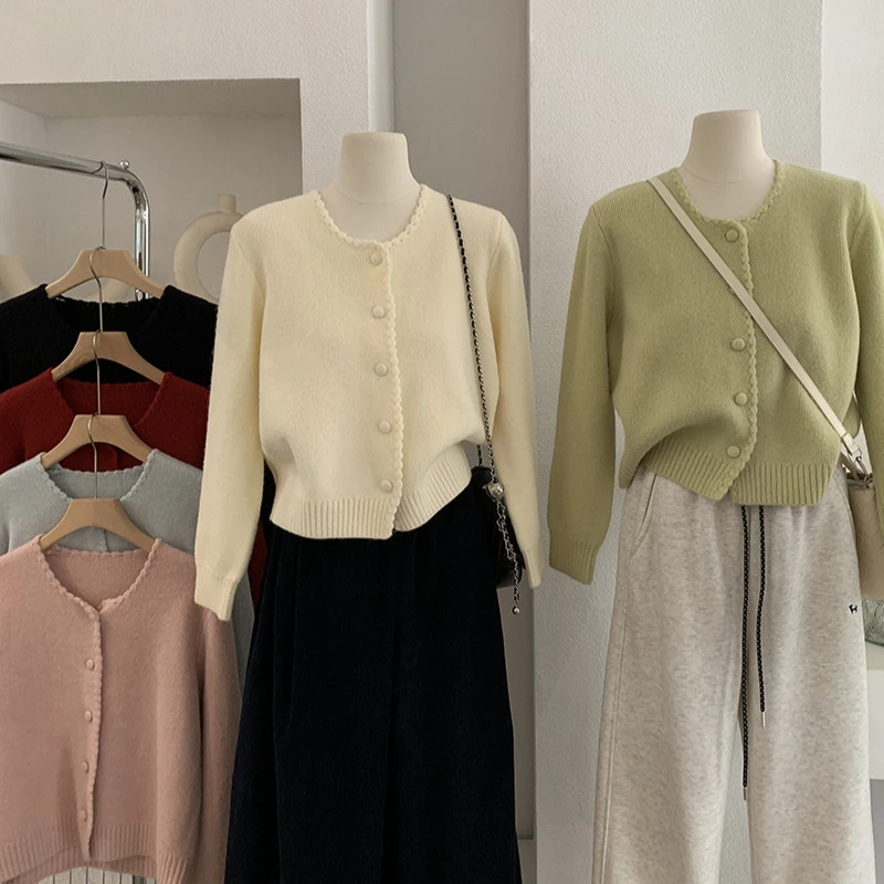 软糯花边长袖针织衫女2025秋冬新款加厚毛衣外套上衣