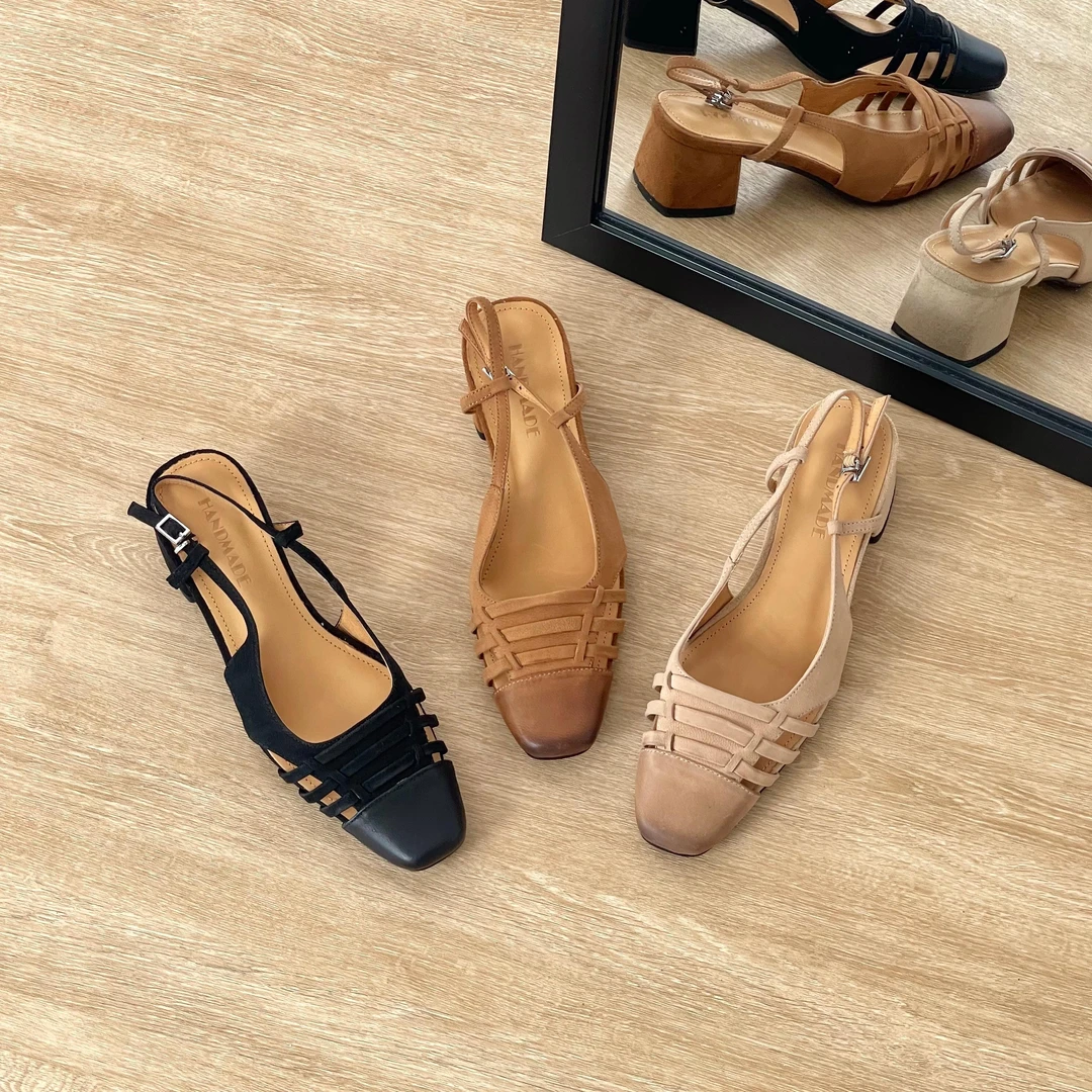 HUSSLOVE 头层羊皮(羊巴戈)·跟高4.5CM·百搭镂空擦色粗跟包头凉鞋