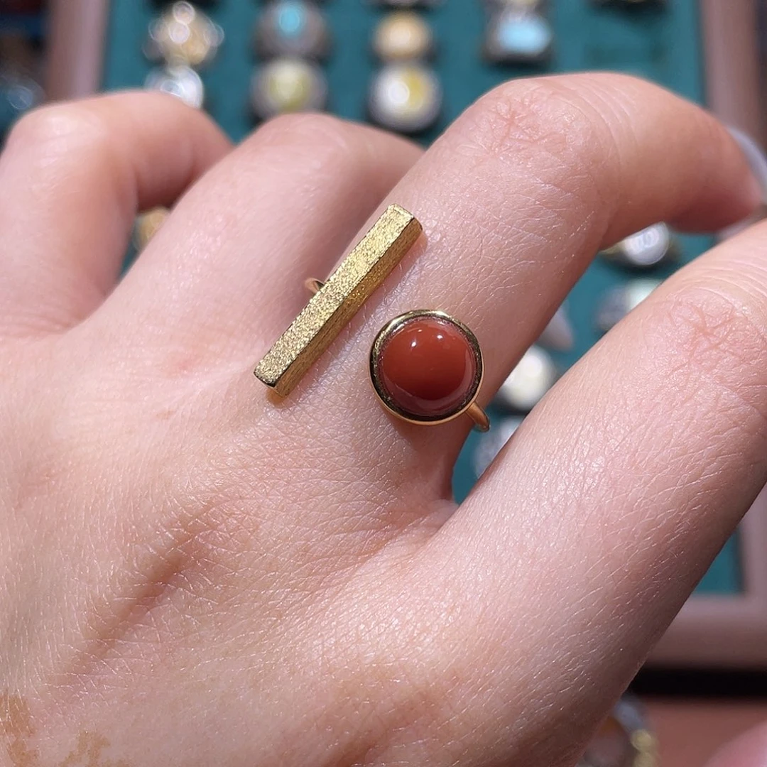 南红玛瑙银S925镀金镶嵌戒指戒指