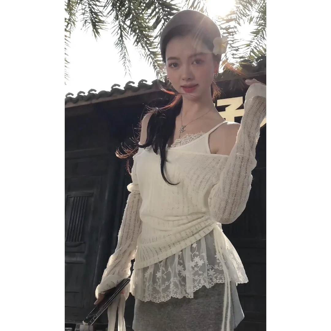 【小屁】2025春季新款纯欲露肩长袖薄纱微透防晒罩衫女