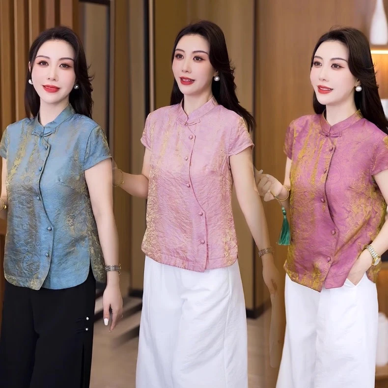 渐变色短袖衬衫中国风2025夏季新款新中式上衣女国风粉色盘扣显瘦