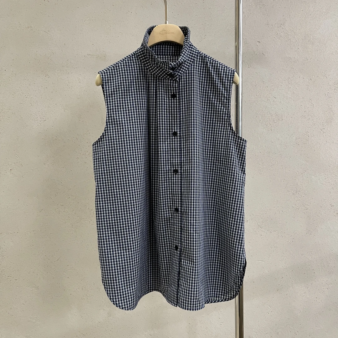 Li Wang/里望设计师款 日系文艺蓝白格纹 全棉无袖背心
